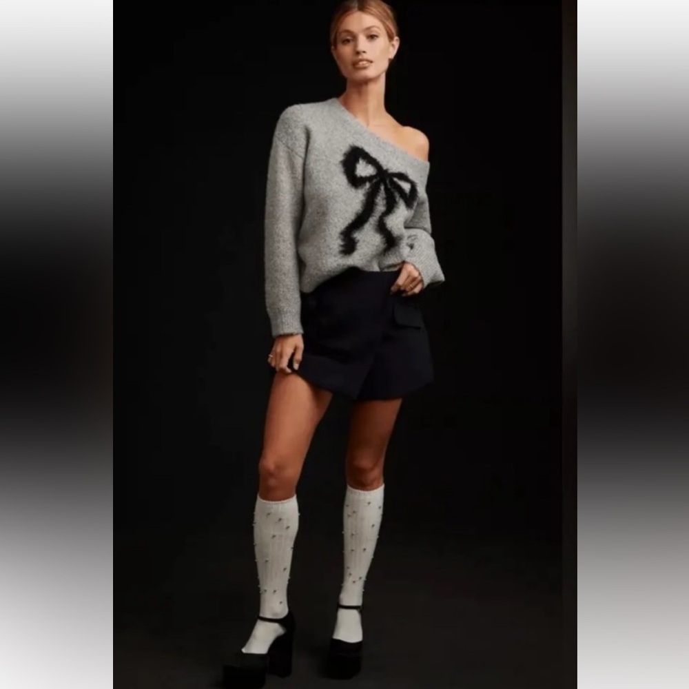 Anthropologie Gray Sweater with Black Bow Accent
